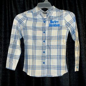 Girls Harley-Davidson Long Sleeve Flanel Button Down White/ Blue w Silver Lurex